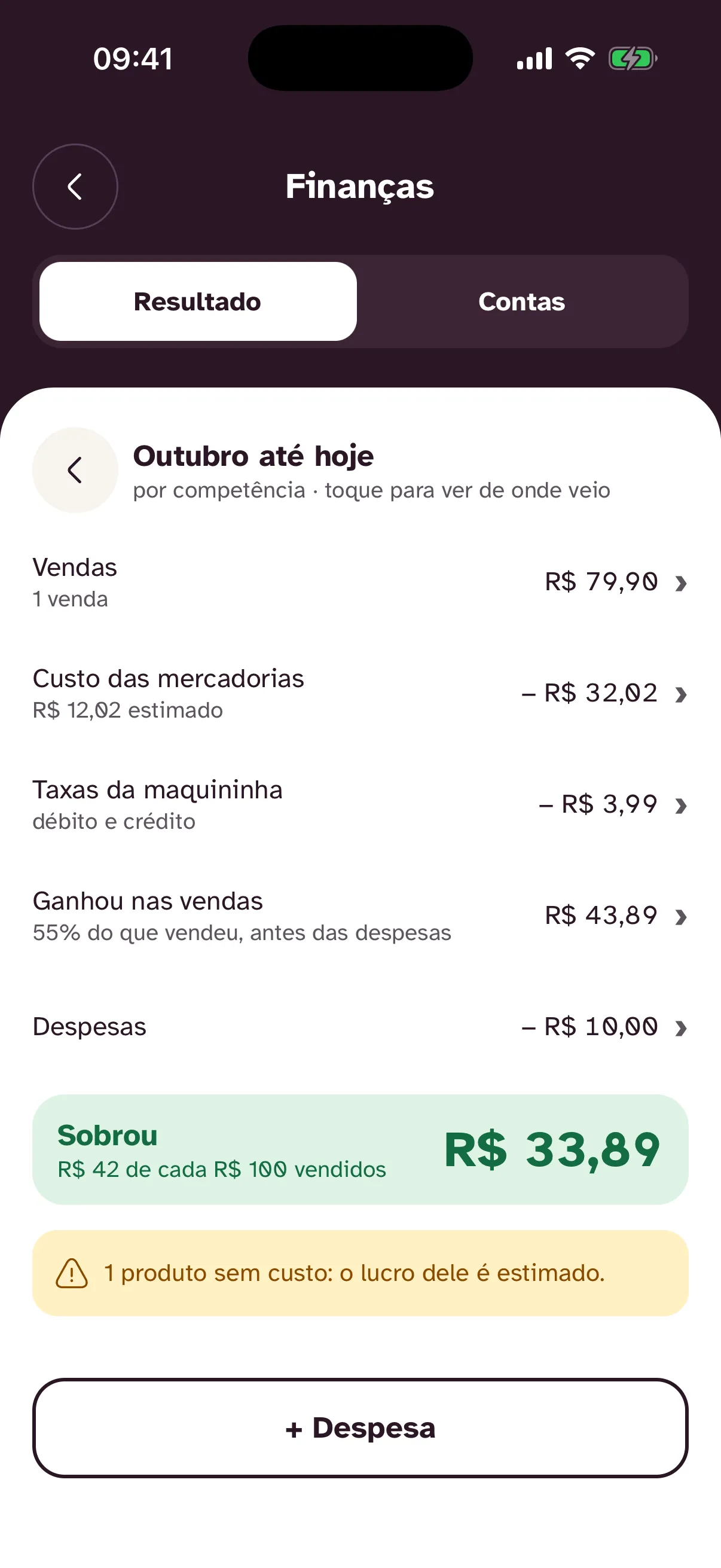 Tela Finanças do Ajeita: vendas, custo das mercadorias, taxas da maquininha, despesas e Sobrou R$ 33,89 no mês