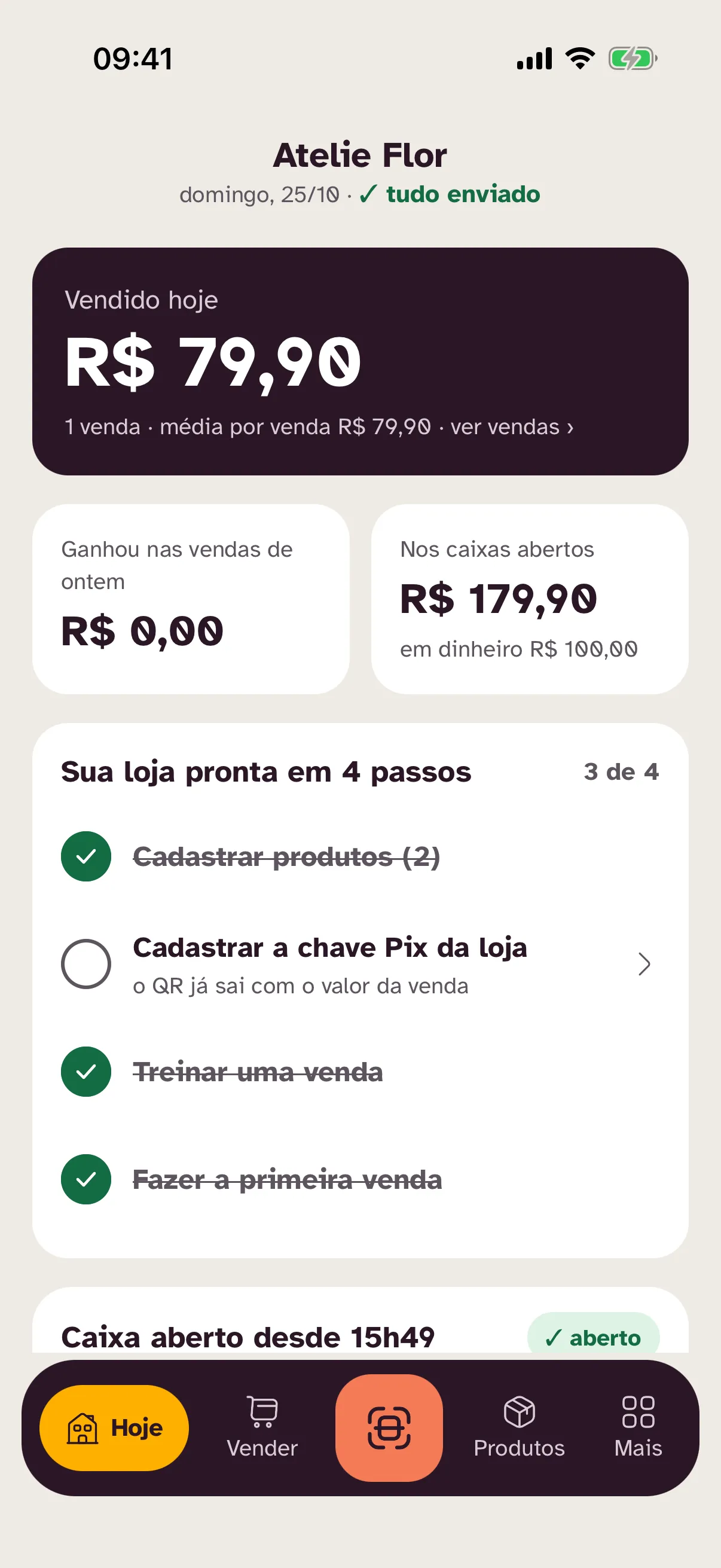 Tela Hoje do Ajeita: vendido hoje R$ 79,90 e dinheiro nos caixas abertos