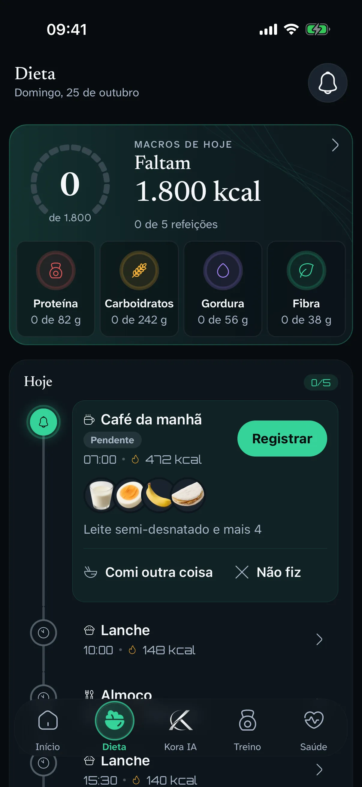 Tela Dieta do Korphos: as calorias que faltam no dia, os nutrientes e as refeições com horário