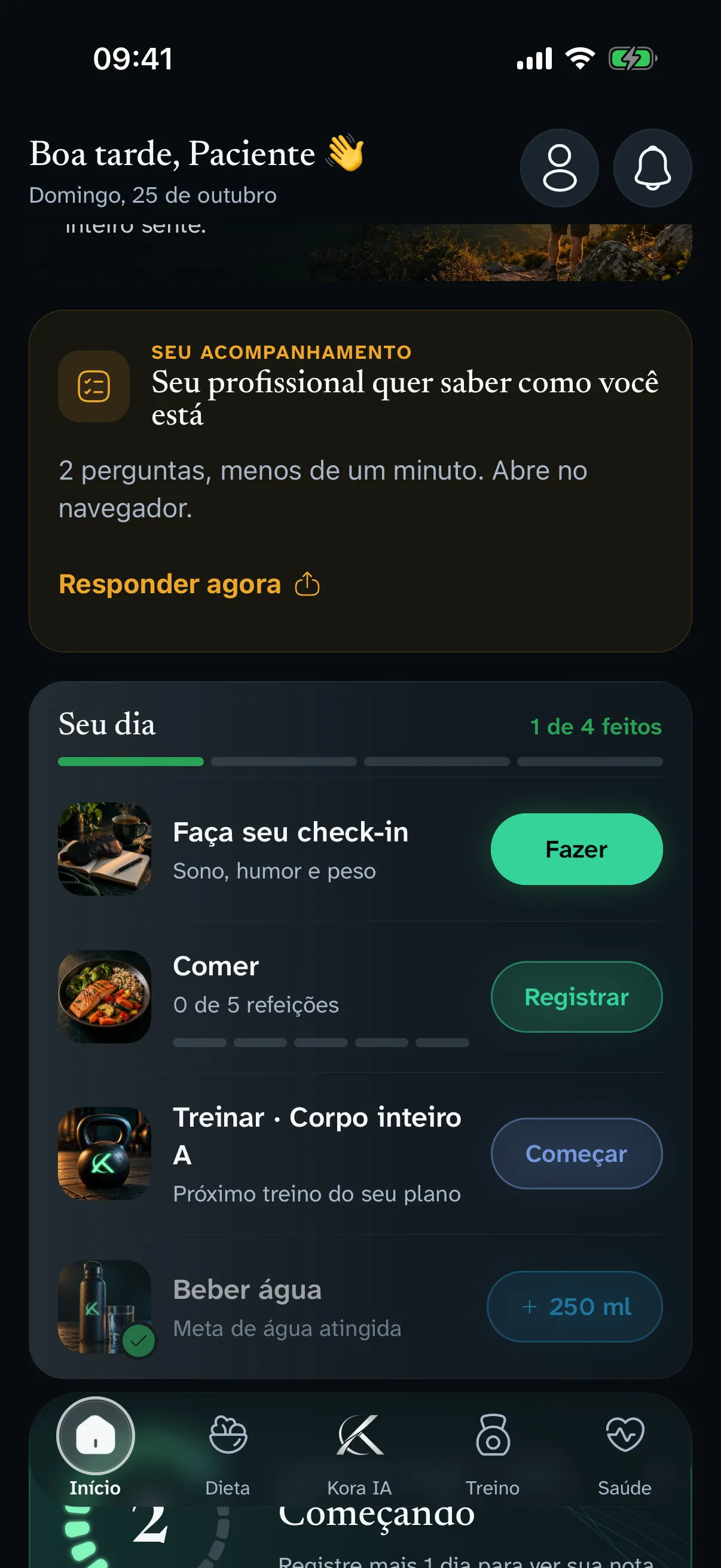 Tela Início do Korphos: o pedido do profissional de saúde e as tarefas do dia, como check-in, refeições, treino e água
