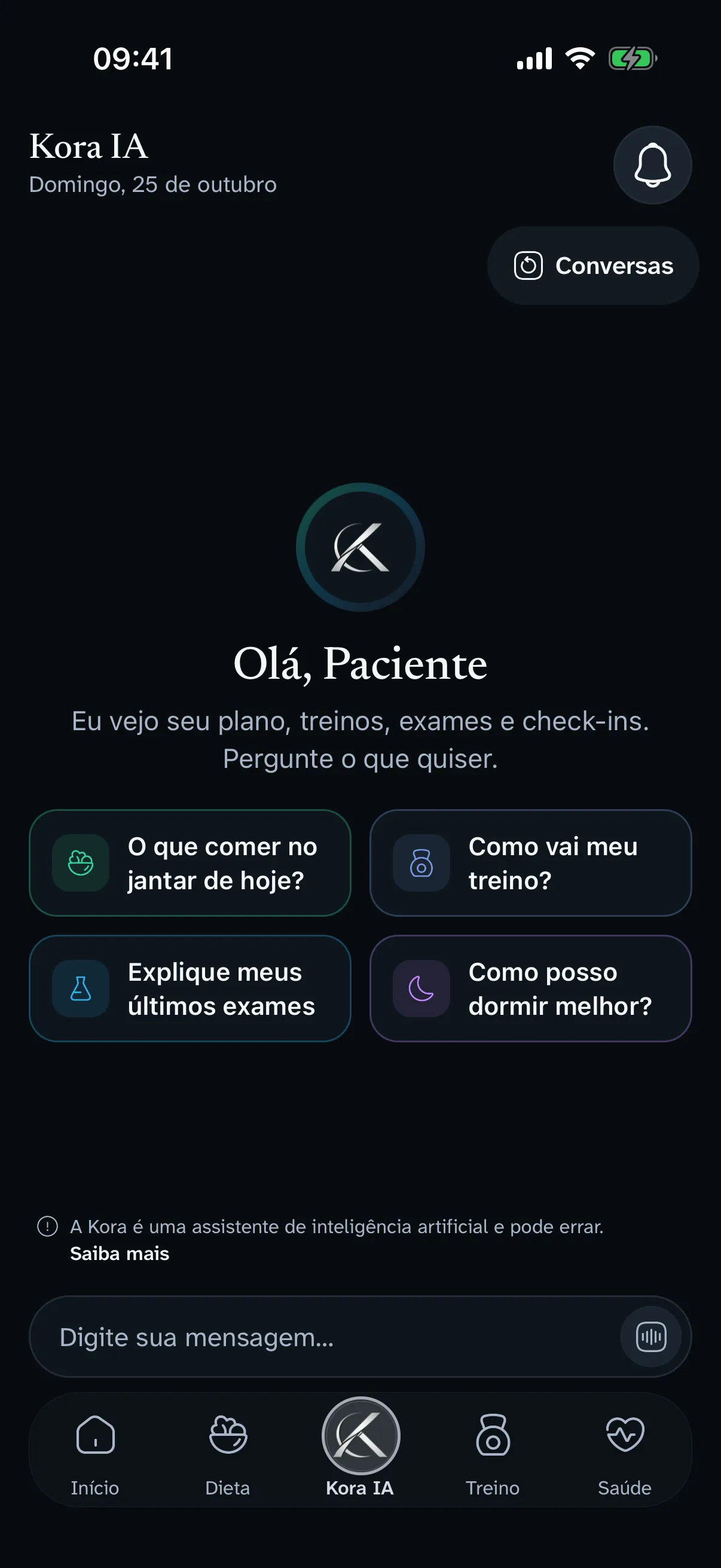 Tela da Kora IA no Korphos, com sugestões como o que comer no jantar e como vai o treino