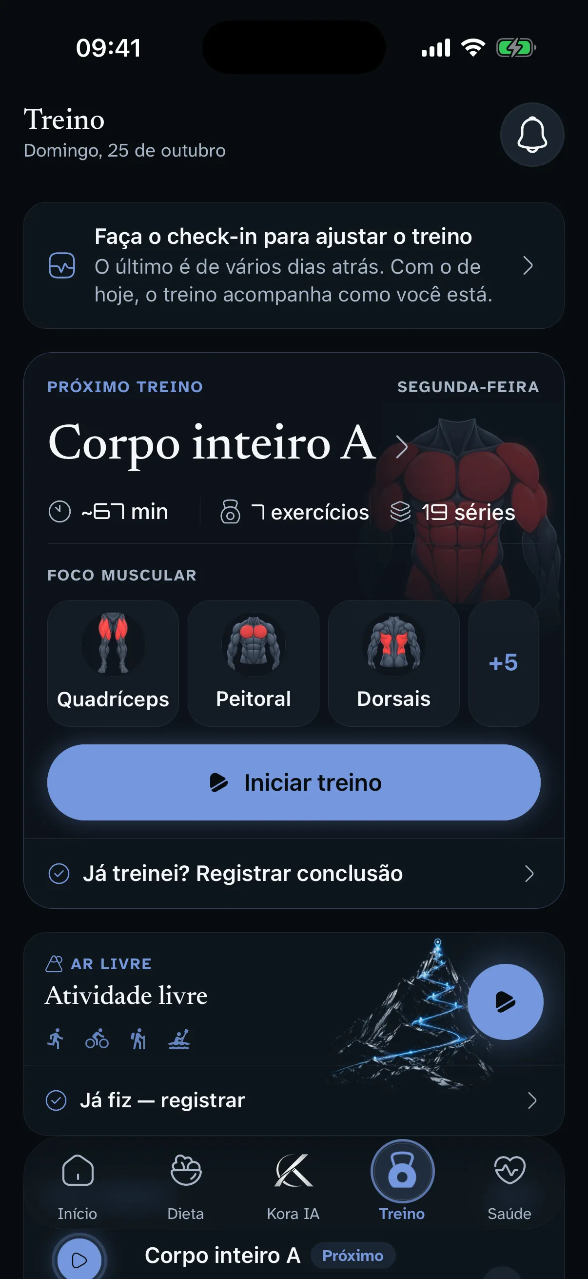 Tela Treino do Korphos: o próximo treino, Corpo inteiro A, com tempo, exercícios e foco muscular